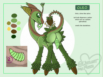 bodily_fluids bubble_butt butt cloacal_penis color_swatch erection feral genitals green_body green_penis green_tongue head_sprout hooves leaf leaf_ruff leaves_on_body long_neck long_tongue looking_at_viewer penile_spines penis pinecone plant plant_tail pollen presenting presenting_hindquarters presenting_penis quadruped saliva saliva_string simple_background smile solo tapering_penis tapering_tongue text tongue unguligrade littlestfuzz alien elemental_creature flora_fauna 2026 digital_drawing_(artwork) digital_media_(artwork) english_text full-length_portrait hi_res model_sheet portrait