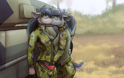 anthro breast_grab breasts cloth clothing duo female female/female fur hair hand_on_breast kissing military_uniform multicolored_body panties sweden tank_(vehicle) underwear uniform vehicle observerdoz nightglider notde_(character) american_opossum bat mammal marsupial hi_res