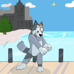 anthro beach black_eyes black_nose brown_body brown_fur building city cloud day fur grey_body grey_ears grey_fur grey_tail male multicolored_body multicolored_fur multicolored_tail notched_ear outside pier plant pose sand sea smile solo sun tail teeth tongue tree water white_body white_fur beargarbage bluey_(series) bob_heeler australian_cattle_dog canid canine canis cattledog domestic_dog herding_dog mammal pastoral_dog 1:1 2023 digital_media_(artwork) hi_res