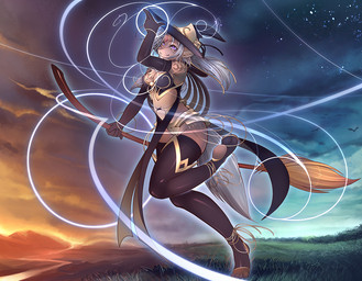 anthro armwear broom chest_tuft cleaning_tool clothed clothing detailed_background elbow_gloves fantasy female flying footwear forehead_gem fur gem gloves handwear hat headgear headwear legwear magic magic_user markings skimpy socks solo stirrup_legwear stirrup_stockings stockings sunset tail thigh_highs tuft witch witch_hat tsampikos miya_(skimike) avian bird mammal unknown_species digital_media_(artwork) shaded