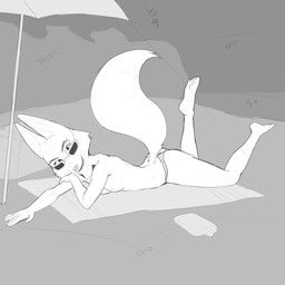 anthro beach clothed clothing eyebrow_piercing eyewear facial_piercing feet_in_air female female_anthro fluffy fluffy_tail looking_at_viewer piercing solo sunglasses tail topless umbrella theunnoticedone dreamworks the_bad_guys diane_foxington canid canine fox mammal hi_res