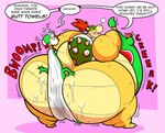 anthro big_butt bodily_fluids butt butt_floss butt_towel duo male male/male obese obese_anthro overweight overweight_anthro overweight_male size_difference stretching sweat sweaty_butt text toony towel young floofyboyetime mario_bros nintendo bowser_jr. yoshi_(character) green_yoshi koopa scalie yoshi absurd_res english_text hi_res