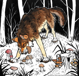 ambiguous_feral ambiguous_gender back_tuft brown_body brown_eyes brown_fur brown_tail cheek_tuft facial_tuft fangs feral fungus fur glistening glistening_eyes grass looking_at_viewer markings mushroom neck_tuft open_mouth orange_markings outside plant solo tail tan_body tan_fur teeth tree tuft heatherwolf canid canine canis mammal wolf