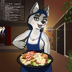 apron clothing female food kebab mature_female restaurant serving_food solo kingkuraselache emine_(kingkuraselache) canid canine canis mammal wolf 1:1 hi_res