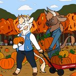 anthro autumn biped blue_clothing blue_jacket blue_topwear brown_hooves clothing cloud detailed_background duo food fruit hooves horn jacket male open_mouth outside plant pumpkin sky smile standing topwear tractor tree vehicle goldiescales anthony_(goldiescales) bovid bovine cattle mammal 2018 trans_(lore) trans_man_(lore)