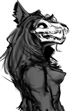 anthro black_body black_fur black_hair bone breasts eye_contact female fur hair looking_at_another messy_hair notched_ear nude open_mouth sharp_teeth side_eye side_view simple_background skull skull_head slim small_breasts solo teeth white_background white_eyes yamabat scp_foundation scp-1471-a canid canine malo mammal 2025 bust_portrait monochrome portrait sketch