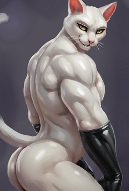 anthro armwear big_butt bubble_butt butt clothing elbow_gloves gloves green_eyes handwear latex latex_armwear latex_clothing latex_elbow_gloves latex_gloves latex_handwear looking_at_viewer male muscular muscular_anthro muscular_male pose side_view smile solo whiskers bleakcat bleakcat_(character) domestic_cat felid feline felis mammal pinup
