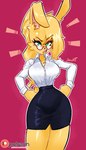 annoyed anthro big_breasts black_bottomwear black_clothing black_skirt blonde_hair bottomwear breasts clothing exclamation_point eyewear female fur glasses hair hands_on_hips looking_at_viewer office_lady open_mouth pencil_skirt red_background secretary simple_background skirt solo standing thick_thighs topwear white_clothing white_topwear yellow_body yellow_fur jamoart katie_shrine lagomorph leporid mammal rabbit 2022 absurd_res hi_res