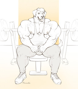 anthro barazoku barbell biceps big_muscles biped bottomwear bulge clothed clothing exercise footwear fully_clothed fur hair huge_muscles looking_at_viewer male muscular muscular_anthro muscular_male nipples open_mouth open_smile pants pecs shirt shoes sitting smile sneakers solo sweatpants tank_top tongue tongue_out topwear vein veiny_muscles workout purrcules_(artist) chase_(retriever) bird_dog canid canine canis domestic_dog golden_retriever hunting_dog mammal retriever 2021 digital_drawing_(artwork) digital_media_(artwork) hi_res