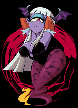 1_eye big_breasts breasts cleavage clothed clothing cosplay female ghost_tail hair hands_behind_head head_wings humanoid_pointy_ears looking_down makeup membrane_(anatomy) membranous_wings noseless not_furry pointy_ears purple_eyes simple_background smile solo unusual_wing_placement white_hair wings grimphantom asian_mythology capcom darkstalkers east_asian_mythology japanese_mythology level-5 mythology yo-kai_watch insomni morrigan_aensland ghost humanoid spirit yokai 2016