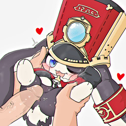 ambiguous_gender anthro anus anus_only black_body black_fur blue_eyes blush blush_lines bodily_fluids bottomless chibi clock clothed clothing cravat dipstick_limbs disembodied_hand disembodied_penis duo faceless_character faceless_male featureless_crotch floppy_ears fur genitals gloves_(marking) hand_on_face hand_on_leg hat headgear headwear heart_symbol humanoid_genitalia humanoid_hands humanoid_penis imminent_sex larger_male leg_grab leg_markings long_ears male male/ambiguous markings multicolored_body multicolored_fur null on_model one_eye_closed open_mouth open_smile penis red_clothing red_hat red_headwear short_tail shota simple_background size_difference smaller_ambiguous smile socks_(marking) spread_legs spreading sweat sweatdrop tail two_tone_body two_tone_fur uniform vein veiny_penis white_background white_body white_fur young young_anthro young_male aka_leopard honkai:_star_rail mihoyo pom-pom_(honkai:_star_rail) human lagomorph leporid mammal rabbit 1:1 absurd_res chromatic_aberration hi_res