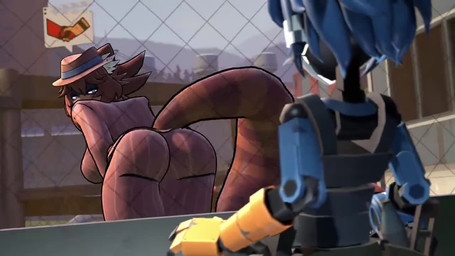 3_fingers arm_tuft behind_glass big_breasts big_tail blue_hair bouncing_breasts bouncing_butt bouncing_tail breasts brown_clothing brown_hair bubble_butt butt clothing cosplay dancing day duo_focus faceless_character faceless_humanoid faceless_male female fence fingers gloves group hair handwear hat headgear headwear inner_ear_fluff inside long_tail looking_at_another looking_back looking_back_at_another machine male male/female markings shaking_butt short_hair shoulder_tuft speech_bubble spiky_hair striped_markings striped_tail stripes tail tail_markings tail_motion taunting teasing thick_tail tuft twerking yellow_clothing yellow_gloves yellow_handwear silentsins zinnia_(modeler) team_fortress_2 valve dell_spencer demoman_(team_fortress_2) jane_(silentmanjoe) pyro_(team_fortress_2) spy_(team_fortress_2) animal_humanoid humanoid mammal mammal_humanoid procyonid procyonid_humanoid raccoon_humanoid robot robot_humanoid 16:9 3d_(artwork) 3d_animation animated digital_media_(artwork) high_framerate no_sound short_playtime source_filmmaker_(artwork) video widescreen
