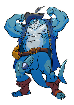 4_fingers 4_toes abs anthro balls belt biceps big_muscles biped black_glans blue_body bottomless brown_belt brown_clothing brown_footwear claws clothed clothing countershading feather_hat feathers feet finger_claws fingers flexing flexing_bicep flexing_both_biceps footwear foreskin genitals glans grey_nipples grin grinning_at_viewer half-erect humanoid_feet humanoid_genitalia humanoid_hands humanoid_penis ineffective_clothing looking_at_viewer male manly melee_weapon muscular muscular_anthro muscular_arms muscular_male muscular_thighs navel nipples non-mammal_balls non-mammal_foreskin non-mammal_nipples one_eye_closed pecs penis pirate pirate_coat pirate_hat pirate_outfit plantigrade retracted_foreskin shark_tail simple_background sleeveless_coat smile smiling_at_viewer snout solo standing sword sword_belt sword_hilt tail teeth toe_claws toeless_footwear toes toothy_grin toothy_smile topwear vein veiny_penis weapon white_body white_countershading wink winking_at_viewer dilgearwolfang nameless_character aquatic fish shark 2026 cel_shading colored colored_line_art digital_drawing_(artwork) digital_media_(artwork) full-length_portrait hi_res portrait shaded