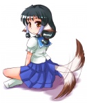 asian_clothing big_eyes black_hair blush bottomwear brown_body brown_fur clothed clothing crossed_legs east_asian_clothing female footwear fur hair japanese_clothing japanese_school_uniform legwear looking_at_viewer looking_back motion_lines orange_eyes school_uniform serafuku shirt simple_background sitting skirt socks solo tail tail_motion tailwag topwear uniform white_background white_body white_fur yn1982 utawarerumono aruru animal_humanoid canid canid_humanoid canine canine_humanoid canis dog_humanoid domestic_dog humanoid hybrid mammal mammal_humanoid low_res