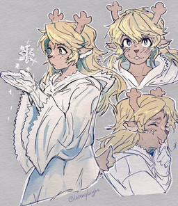 anthro antlers blonde_hair blush blush_lines brown_body brown_fur clothing female freckled_face freckles fur gloves hair handwear horn ice laugh looking_at_viewer robe simple_background solo tail white_clothing white_gloves white_handwear white_robe latencyknight deltarune undertale_(series) noelle_holiday deer mammal 2025 absurd_res hi_res
