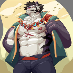 anthro biped black_nose chest_scar clothed clothed_anthro clothed_male clothing facial_scar fur male muscular muscular_anthro muscular_male scar solo white_body white_fur iciqiu sdorica yao_(sdorica) felid mammal pantherine tiger 1:1 hi_res