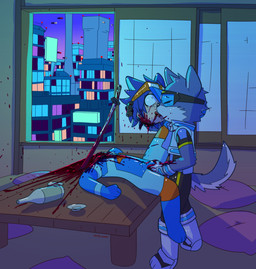 anthro blood blue_hair bodily_fluids bottle bulge bulge_grab city cityscape clothed clothed_anthro clothed_male clothing container corpse death decapitation detailed_background duo eyes_closed eyewear eyewear_on_head fully_clothed fully_clothed_anthro fully_clothed_male furniture goggles goggles_on_head gore hair inside jacket katana making_out male male/male melee_weapon necrophilia squeezing_bulge sword table tail topwear weapon window bravobunny canid canine canis domestic_dog mammal absurd_res hi_res