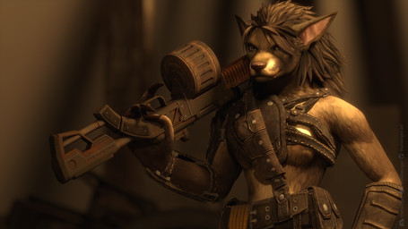 4_fingers anthro black_nose blue_eyes brown_hair close-up clothing ears_back female fingers fur grey_body grey_fur gun hair holding_object holding_weapon inside leather leather_clothing looking_at_viewer machine_gun pivoted_ears ranged_weapon solo weapon thatworgen blizzard_entertainment fallout microsoft warcraft canid mammal werecanid werecreature worgen 16:9 2021 3d_(artwork) 4k absurd_res autodesk_3ds_max_(artwork) crossover digital_media_(artwork) hi_res watermark widescreen