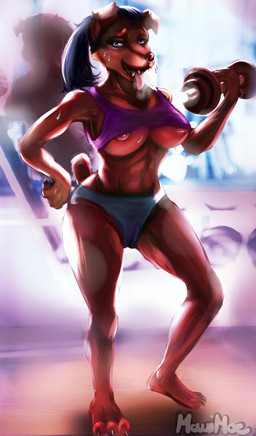 anthro areola areola_slip big_breasts bodily_fluids bra breasts breath brown_body brown_fur camel_toe clothing dumbbell exercise female fur hair nipple_slip nipples panting ponytail solo sports_bra sports_panties standing sweat tongue tongue_out under_boob underwear wardrobe_malfunction weightlifting weights wide_hips workout mauimoe canid canine canis domestic_dog mammal mastiff molosser rottweiler hi_res