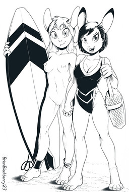 anklet anthro athletic athletic_anthro athletic_female breasts casual_nudity cleavage clothed clothed/nude clothed_anthro clothed_female clothing duo female genitals hand_holding holding_object holding_surfboard jewelry looking_at_viewer medium_breasts nipple_piercing nipple_ring nipples nude nude_anthro nude_female one-piece_swimsuit one_nipple_pierced only_one_nude piercing public public_nudity ring_piercing surfboard swimwear vulva brian_mcpherson cheryl_(brian_mcpherson) cynthia_(brian_mcpherson) hare lagomorph leporid mammal rabbit 2023 monochrome