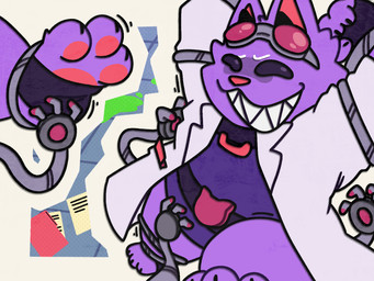 3_toes anthro clothing coat eyewear eyewear_on_head feet female fur goggles goggles_on_head lab_coat paws purple_body purple_fur restrained restrained_arms robot_arms smile solo teeth tickle_fetish tickle_torture tickling tickling_armpits tickling_feet tickling_machine toes topwear white_lab_coat patugh sanyao domestic_cat felid feline felis mammal 4:3 hi_res