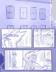 ahappypichu-mod anthro bathroom blue_and_white building canid canine clothed clothing comic disney duo fox fur hi_res inside judy_hopps lagomorph leporid looking_at_another mammal monochrome nick_wilde rabbit red_fox smile true_fox window zootopia