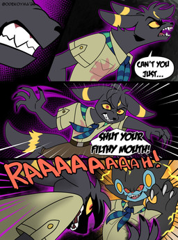 aggressive angry belt black_body black_claws black_ears black_fur blue_body blue_fur bottomwear brown_belt brown_bottomwear brown_clothing brown_pants circle_(marking) claws clenched_teeth clothing dialogue digitigrade electricity evil_face evil_grin fur green_clothing green_kerchief green_neckerchief green_shirt green_topwear harmony_scarf imminent_fight kerchief male markings multicolored_body multicolored_fur neckerchief neckwear onomatopoeia pants profanity purple_aura red_eyes red_sclera ring_(marking) shirt shirt_stain smile sound_effects striped_kerchief teeth text topwear uniform white_claws yellow_eyes yellow_sclera odeko-yma nintendo pokemon pokemon_mystery_dungeon spike_chunsoft lucky_(odeko-yma) eeveelution generation_2_pokemon generation_4_pokemon luxray pokemon_(species) umbreon 2026 absurd_res artist_name comic english_text hi_res