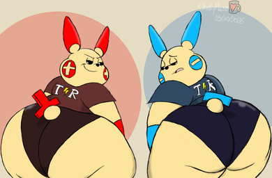 anthro big_butt black_sclera blue_arms blue_cheeks blue_clothing blue_ear_tips blue_shirt blue_tail_tip blue_topwear bottomwear butt cheek_markings clothed clothing dipstick_ears dipstick_tail duo ear_markings facial_markings fangs glistening glistening_body glistening_butt head_markings hotpants logo logo_on_clothing logo_on_shirt looking_at_viewer looking_back looking_back_at_viewer male markings multicolored_ears narrowed_eyes open_mouth presenting presenting_hindquarters red_arms red_cheeks red_clothing red_ear_tips red_shirt red_tail_tip red_topwear shaking_butt shirt shorts simple_background skimpy smile smirk tail tail_markings tan_body tan_ears tan_tail teeth text thick_thighs topwear twerking white_eyes wide_hips chonkymouse nintendo pokemon nikki_(chonkymouse) tommy_(chonkymouse) generation_3_pokemon minun plusle pokemon_(species) 2026 artist_logo cel_shading colored dated digital_drawing_(artwork) digital_media_(artwork) english_description english_text hi_res shaded signature watermark brother_(lore) brothers_(lore) sibling_(lore) twins_(lore)
