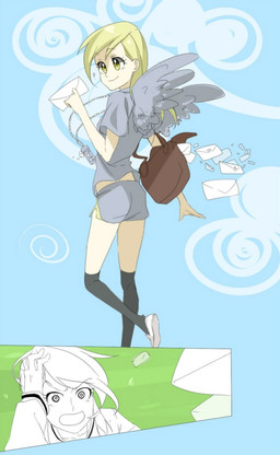 alternate_species bag blonde_hair bottomwear clothed clothing cloud duo envelope feathered_wings feathers female flying footwear hair humanized jewelry legwear mail messenger_bag necklace open_mouth outside question_mark shirt shoes shorts sky skyscape socks topwear wings yellow_eyes abbystea friendship_is_magic hasbro my_little_pony mythology derpy_hooves_(mlp) equid equine human mammal mythological_creature mythological_equine pegasus 2012