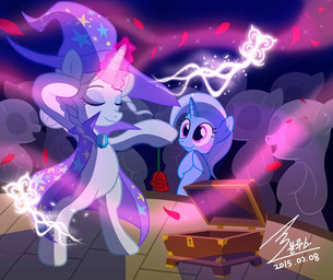 blue_hair box braided_hair cape clothing container crown eyes_closed female feral flower glowing group hair hat headgear headwear horn magic multicolored_hair petals plant purple_eyes rose_(flower) rose_petals sparkles stage standing two_tone_hair white_hair wizard_hat bluse friendship_is_magic hasbro my_little_pony mythology trixie_(mlp) equid equine mammal mythological_creature mythological_equine unicorn 2015
