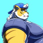 1:1 2024 anthro backwards_baseball_cap backwards_hat baseball_cap big_moobs blep blue_baseball_cap blue_clothing blue_eyes blue_shirt blue_topwear clothing fangs felid fur hair hair_through_hat hat headgear headwear hi_res looking_at_viewer magnus_(wonderpuff) male mammal moobs obese obese_anthro obese_male orange_body orange_fur overweight overweight_anthro overweight_male pink_tongue prehistoric_species saber-toothed_tiger shirt smilodon solo stripes teeth tongue tongue_out topwear white_hair wwwonderpuff