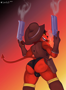 anthro big_bulge big_butt bite_mark bulge butt cigar clothing cowboy cowboy_hat fur gloves gun handgun handwear hat headgear headwear leotard male pistol ranged_weapon rear_view red_body red_eyes red_fur revolver shortstack shortstack_male smoking solo spade_tail tail thick_thighs torn_clothing weapon wounded seachord kings_of_hell gremile_'hotshot' demon imp 2023 absurd_res hi_res
