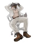 anthro belt bottomwear brown_body brown_clothing brown_footwear brown_fur brown_shoes brush brushing brushing_hair chair clothed clothing comb_(brush) fangs footwear fur furniture hair hairbrush holding_object legwear lidded_eyes looking_at_viewer male male_anthro nipples open_clothing open_shirt open_topwear pants pecs personal_grooming shirt shoes simple_background sitting smile smiling_at_viewer solo styling_hair suit teeth topwear tuft white_background white_clothing yellow_eyes taffyfever dreamworks the_bad_guys mr._wolf_(the_bad_guys) canid canine canis mammal wolf absurd_res hi_res