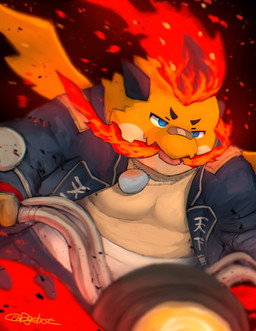 anthro bandage bandage_on_face belly blue_eyes breath_powers clothed clothing elemental_manipulation fire fire_breathing fire_manipulation jacket male motorcycle open_clothing open_jacket open_topwear overweight solo topwear vehicle yellow_body dagehot mythology tamacolle shimousa_(tamacolle) dragon mythological_creature mythological_scalie scalie hi_res