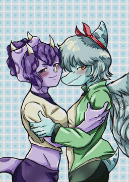 anthro anthro_on_anthro biped blue_body blue_scales blush bone_frill bottomwear breasts clothed clothed_anthro clothed_female clothing duo facial_horn feathered_wings feathers female female/female fingers frill_(anatomy) green_clothing green_jacket green_topwear grey_body grey_bottomwear grey_clothing grey_feathers grey_hair grey_pants hair half-closed_eyes head_turned horn humanoid_hands interspecies jacket looking_at_viewer markings medium_breasts medium_hair narrowed_eyes non-mammal_breasts open_clothing open_jacket open_topwear orange_eyes pants pattern_background purple_body purple_bottomwear purple_clothing purple_eyes purple_hair purple_pants purple_scales romantic romantic_couple scales short_tail side_view simple_background smile spots spotted_markings standing striped_markings stripes tail tan_clothing tan_shirt tan_topwear topwear wings whit3pinkmann cavemanon_studios snoot_game amber_(snoot_game) sera_(snoot_game) ceratopsian ceratopsid chasmosaurine dinosaur marginocephalian ornithischian prehistoric_species pterosaur reptile scalie triceratops 2024 absurd_res colored half-length_portrait hi_res portrait
