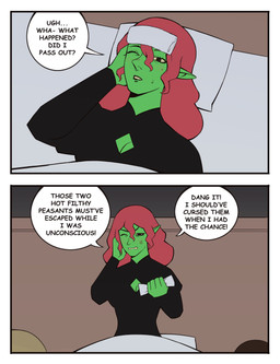 bed bed_sheet bedding black_clothing black_dress blush blush_lines bodily_fluids breasts cleavage clothed clothed_female clothed_humanoid clothing cross-popping_vein dialogue dress eyelashes female front_view furniture green_body hair holding_object humanoid_pointy_ears lying lying_on_bed medium_comic on_back on_bed one_eye_closed pillow pointy_ears red_hair solo speech_bubble sweat sweaty_face text bonnymama7 elphaba_(bonnymama7) humanoid 2025 absurd_res bust_portrait comic digital_drawing_(artwork) digital_media_(artwork) english_text half-length_portrait hi_res portrait