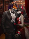 anthro anthro_on_anthro black_hair black_nose bow_tie breasts clothed clothing dress duo ear_piercing ear_ring eyebrows eyelashes female fur grey_body grey_fur hair hand_in_pocket hand_on_butt hand_on_chest legwear male male/female orange_body orange_fur piercing pockets purple_eyes purple_sclera ring_piercing suit amur baxter_mikasa keira_niobe canid canine fox mammal 2021 absurd_res digital_media_(artwork) hi_res story story_in_description