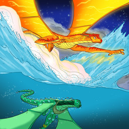 ambiguous_gender blue_eyes bubble claws cloud duo feral finger_claws flying frill_(anatomy) glowing glowing_body green_body green_scales horn long_neck membrane_(anatomy) membranous_frill membranous_wings night orange_body orange_scales pupils red_body red_scales scales sky slit_pupils snout splash star starry_sky steam swimming tail water wings wristband mike_holmes european_mythology mythology wings_of_fire peril_(wof) turtle_(wof) dragon mythological_creature mythological_scalie scalie seawing_(wof) skywing_(wof) western_dragon 1:1 2024 hi_res official_art shaded female_(lore) male_(lore)