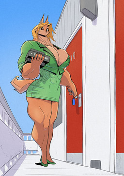 abs anthro big_breasts big_butt blonde_hair breasts brown_body brown_eyes brown_fur butt cleavage clothed clothing door female footwear fully_clothed fur hair high_heels holding_object hyper key muscular muscular_anthro muscular_arms muscular_female muscular_legs outside shoes sky small_waist solo standing thick_thighs conditional_dnp jollyjack mythology canid canine mammal mythological_canine mythological_creature werecanid werecanine werecreature werewolf 2025