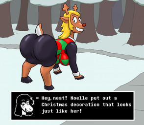 big_breasts big_butt breasts bubble_butt butt dialogue dialogue_box embarrassed female holidays inanimate_transformation inflatable snow solo transformation winter noka_asura christmas deltarune undertale_(series) noelle_holiday susie_(deltarune) deer mammal new_world_deer reindeer 2025 hi_res