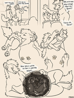 anthro candy clothing costume dessert ear_piercing ear_ring endosoma facial_piercing feet_first food fur group hair halloween_costume head_first holidays imprint larger_male larger_pred male male/male neck_bulge nose_piercing nose_ring oral_vore piercing ring_piercing safe_vore size_difference smaller_male snack soft_vore text trick-or-treating trio vore willing_pred willing_prey ovens halloween jet_(jetgobrrrrr) josh_(suddenlyjosh) xander_stock canid canine canis fox hyena mammal red_fox spotted_hyena true_fox wolf 3:4 absurd_res english_text hi_res
