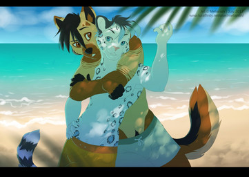 5_fingers anthro beach black_bars black_hair black_nose brown_eyes clothed clothing day detailed_background duo fingers fur hair hug male markings outside partially_clothed pink_nose sand sea seaside smile spots spotted_body spotted_fur swimwear topless water white_body white_fur melianah victory_(texdot) canid canine canis domestic_dog felid leopard mammal pantherine snow_leopard unknown_species 2017 character_request digital_media_(artwork)