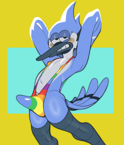 anthro beak biped blue_body blue_feathers blush bodily_fluids clothed clothed_anthro clothed_male clothing countershade_face countershade_torso countershading feathers hands_behind_head looking_at_viewer male male_anthro multicolored_clothing multicolored_swimwear narrowed_eyes navel nervous nervous_sweat nipple_outline one-piece_swimsuit rainbow_clothing rainbow_one-piece_swimsuit rainbow_swimwear sling_bikini solo sweat sweaty_face swimwear tail tail_feathers white_body white_countershading submarine_screw cartoon_network regular_show mordecai_(regular_show) avian bird blue_jay corvid jay_(bird) new_world_jay oscine passerine 2026 digital_drawing_(artwork) digital_media_(artwork)
