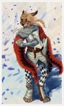 5_fingers anthro armor biped black_text blonde_hair brown_eyes fingers fur hair knight male medieval melee_weapon open_mouth open_smile pupils sharp_teeth smile solo standing sword teeth text tongue warrior weapon white_sclera leprzil felid feline lynx mammal 2025 3:5 artist_name english_text hi_res