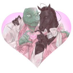anthro black_hair brown_body brown_fur clothing duo fur gesture green_body green_scales hair heart_background heart_gesture heart_symbol holidays male male/male mature_male neck_ribbon pink_clothing pink_shirt pink_suit pink_topwear scales shirt simple_background suit topwear white_clothing white_shirt white_suit white_topwear stugitti beastars valentine's_day gosha_(beastars) yahya_(beastars) equid equine horse komodo_dragon lizard mammal monitor_lizard reptile scalie 1:1 2026 digital_media_(artwork) hi_res
