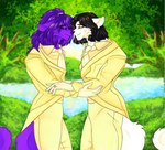 anthro black_hair clothing digit_ring duo fluffy fluffy_tail fur grass hair jewelry love male male/male moss nature nature_background necktie nose_to_nose nuzzling plant purple_body purple_fur purple_hair ring romantic romantic_couple suit suit_jacket tail tree water wedding wedding_ring james_andromeda liam_(james_andromeda) seasamaru canid canine mammal digital_media_(artwork) hi_res