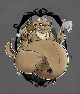 anthro axe belly big_belly big_butt brown_body brown_fur butt eating food fur fur_tuft horn male meat melee_weapon overweight overweight_male simple_background solo teeth thick_thighs tuft weapon awoogasm don't_starve klei_entertainment wortox bovid caprine demon goat imp mammal 2022 digital_media_(artwork) hi_res signature