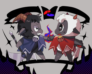 anthro axe bell bell_collar collar duo eye_contact fur grin hand_holding holding_axe holding_melee_weapon holding_object holding_sword holding_weapon horn looking_at_another melee_weapon smile sword weapon white_body white_fur white_wool wool_(fur) dkfldptm1 cult_of_the_lamb massive_monster_(studio) goat_(cult_of_the_lamb) lamb_(cult_of_the_lamb) purple_crown_(cult_of_the_lamb) red_crown_(cult_of_the_lamb) bovid caprine goat mammal sheep 2024 digital_media_(artwork) hi_res