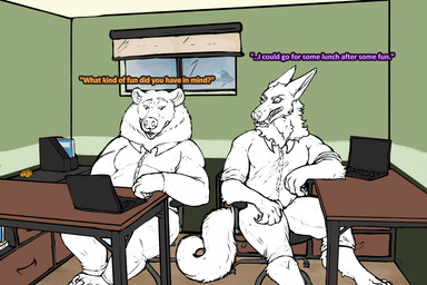 4_toes 5_fingers 5_toes anthro biped bottomwear chair claws clothed clothed_anthro clothed_male clothing computer day desk detailed_background dialogue digitigrade duo electronics eyebrows feet finger_claws fingers fluffy fluffy_tail fully_clothed fur furniture hair handpaw inside laptop looking_at_another male male/male male_anthro mane mane_hair office office_background office_chair office_clothing office_desk office_window office_worker on_chair pants paws plantigrade sharp_teeth shirt short_ears short_fur sitting sitting_on_chair sky slightly_chubby slightly_chubby_anthro slightly_chubby_male small_ears snout table tail talking_to_another tall teeth text three-quarter_view tight_clothing toe_claws toes topwear ursine_ears yonnixart mythology king_(the_werewolf_king) kuruk_(character) bear brown_bear canid canine canis grizzly_bear mammal mythological_canine mythological_creature ursidae ursine werecanid werecanine werecreature werewolf wolf 2026 absurd_res colored_sketch digital_drawing_(artwork) digital_media_(artwork) english_text hi_res sketch