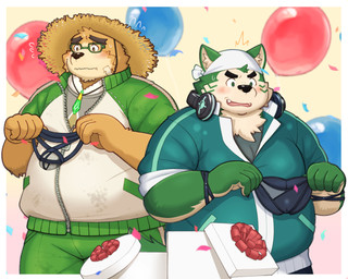 anthro black_nose blush bodily_fluids bottomwear box brown_body brown_fur clothing confusion container duo eyewear fur gift_box glasses green_body hat headgear headwear humanoid_hands kemono male overweight overweight_male pants standing straw_hat sweat underwear yaki_atsuage lifewonders live_a_hero tokyo_afterschool_summoners mokdai volos_(tas) bear canid canine canis domestic_dog mammal 2025 5:4 hi_res
